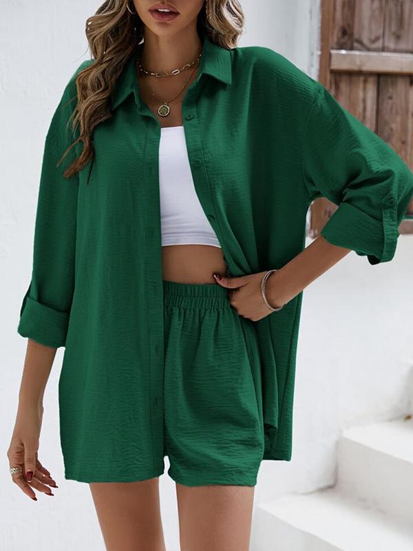 Conjunto Casual de Camisa de Manga Larga con Solapa y Shorts de Cintura Alta