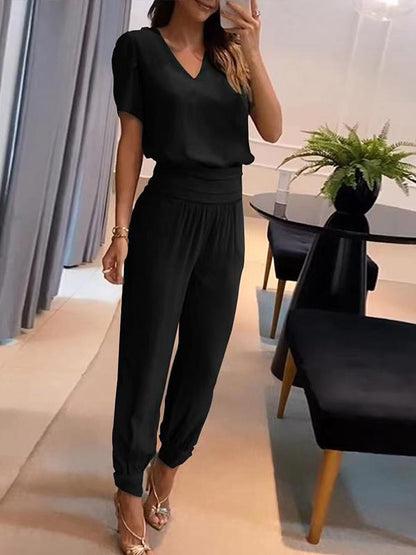 Conjunto Casual de Dos Piezas con Pantalones y Camisa Estampada de Manga Corta y Escote en V