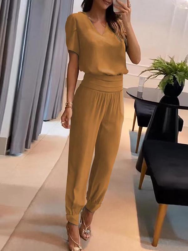 Conjunto Casual de Dos Piezas con Pantalones y Camisa Estampada de Manga Corta y Escote en V