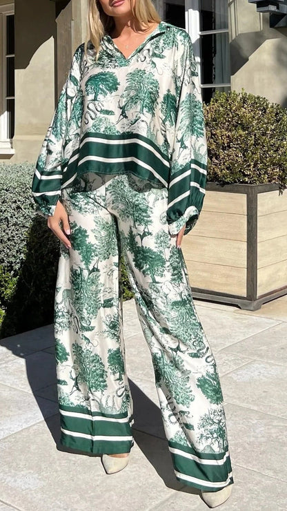 Conjunto Casual de Manga Larga Estampado con Escote en V