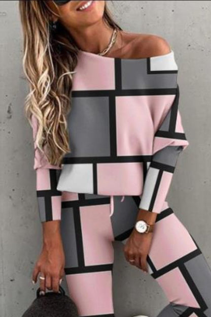 Conjunto de Blusa de Manga Larga y Pantalones con Bloques de Color Casual