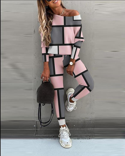 Conjunto de Blusa de Manga Larga y Pantalones con Bloques de Color Casual