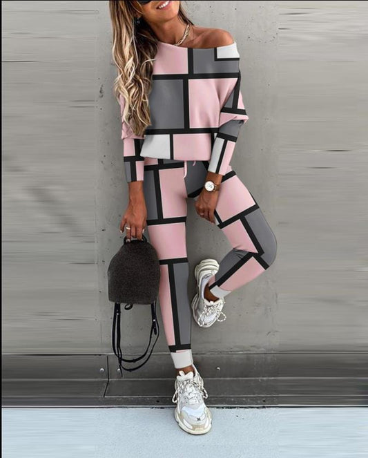 Conjunto de Blusa de Manga Larga y Pantalones con Bloques de Color Casual