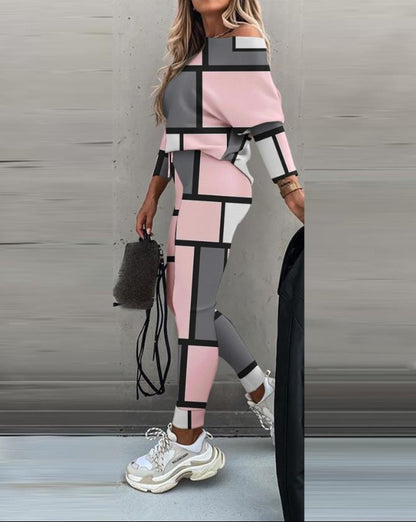 Conjunto de Blusa de Manga Larga y Pantalones con Bloques de Color Casual