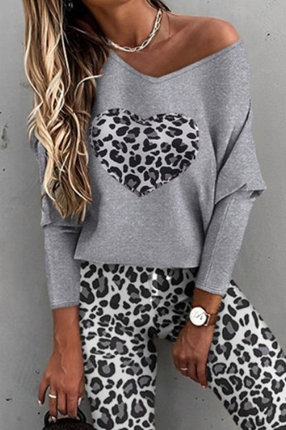 Conjunto Casual de Blusa de Manga Larga y Pantalones con Estampado de Leopardo