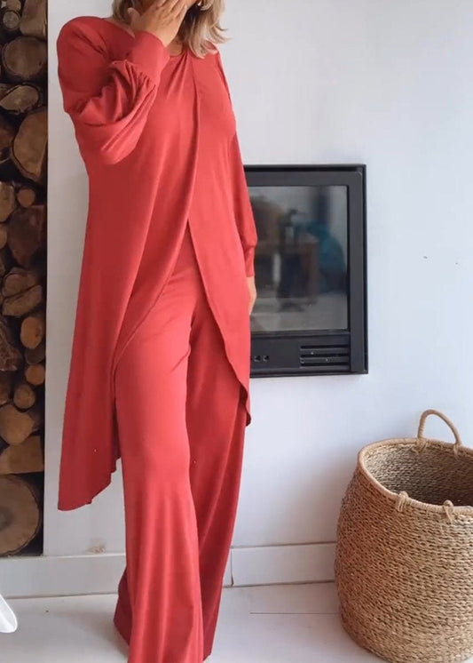 Conjunto de Cárdigan Largo con Cuello Redondo y Pantalones