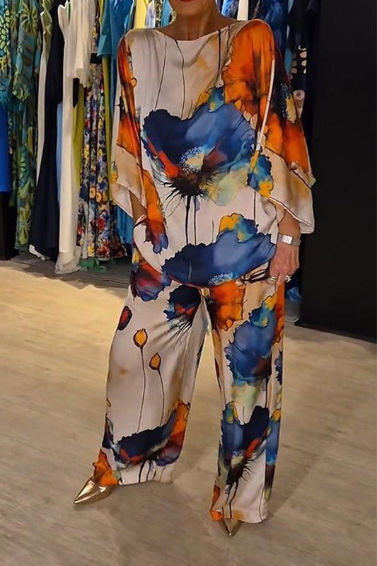 Conjunto de Satén Estampado con Cuello Redondo Casual