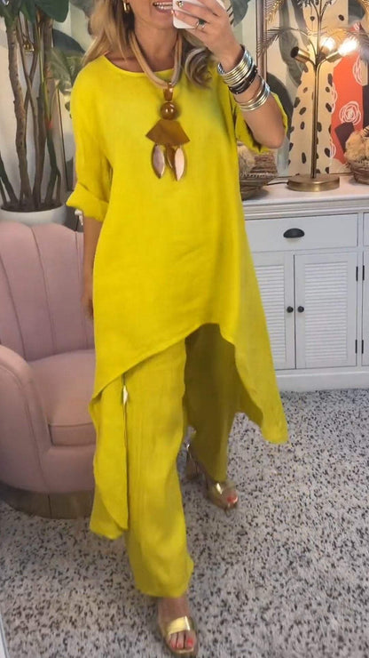Conjunto de Dos Piezas de Algodón y Lino con Cuello Redondo y Manga Larga