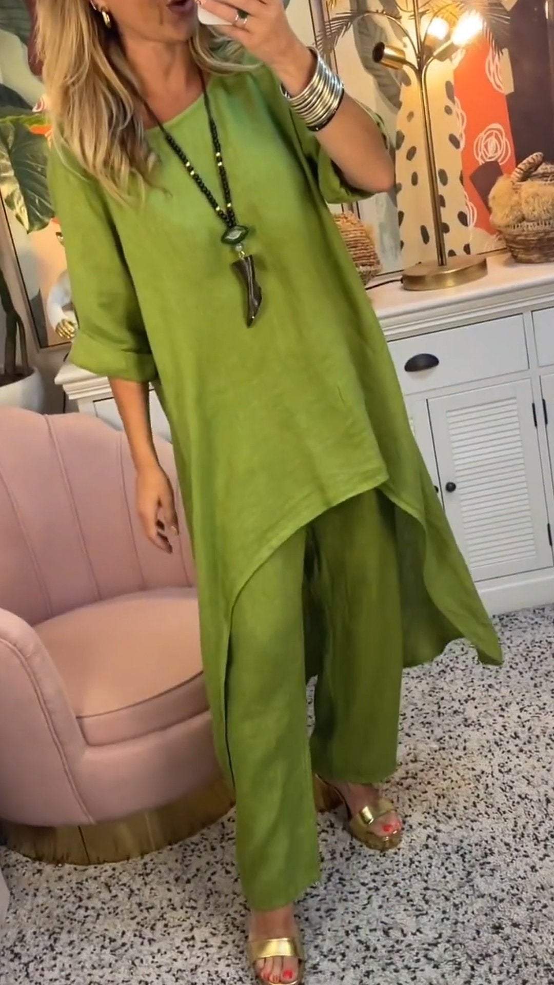 Conjunto de Dos Piezas de Algodón y Lino con Cuello Redondo y Manga Larga