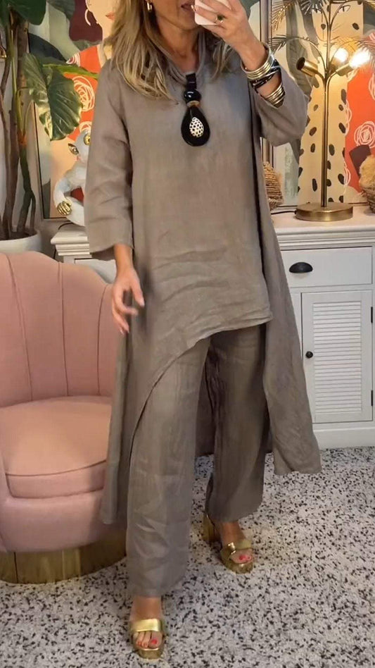 Conjunto de Dos Piezas de Algodón y Lino con Cuello Redondo y Manga Larga