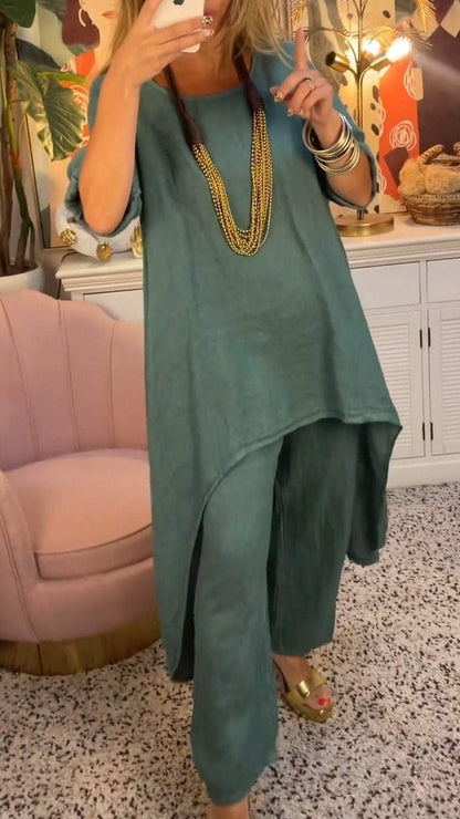 Conjunto de Dos Piezas de Algodón y Lino con Cuello Redondo y Manga Larga