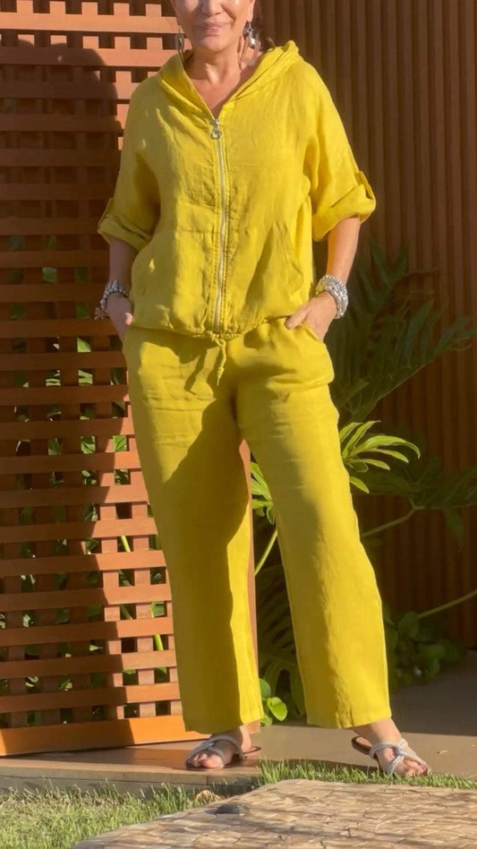 Conjunto de Dos Piezas de Algodón y Lino con Cremallera y Capucha Casual