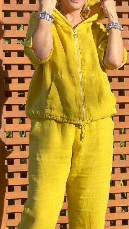 Conjunto de Dos Piezas de Algodón y Lino con Cremallera y Capucha Casual