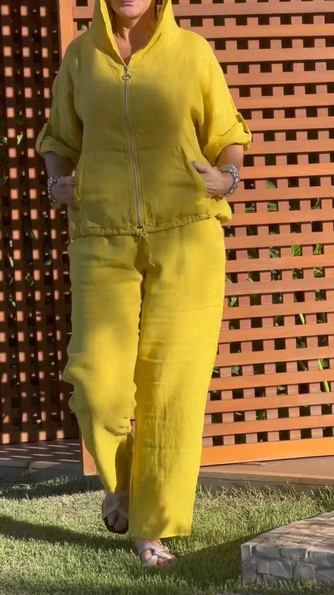 Conjunto de Dos Piezas de Algodón y Lino con Cremallera y Capucha Casual
