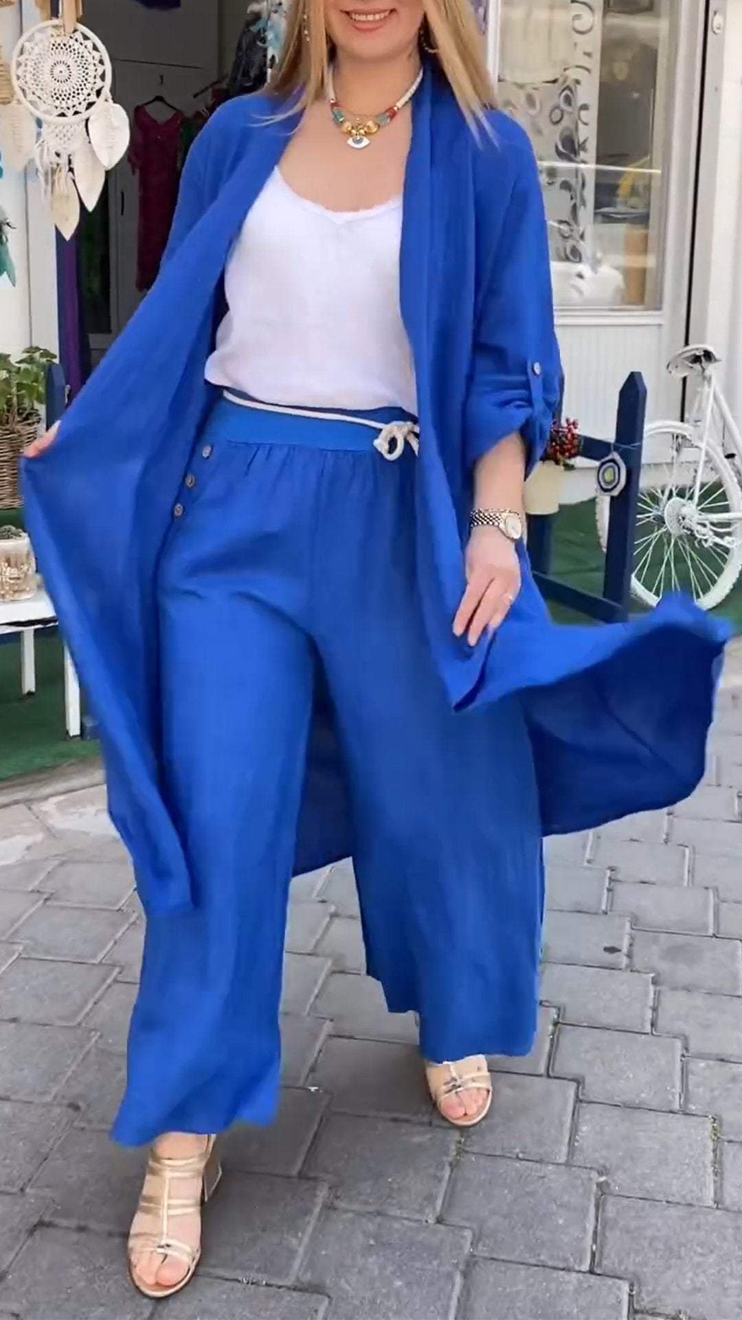 Conjunto de Dos Piezas con Cárdigan Largo con Costura Perforada