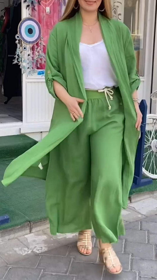 Conjunto de Dos Piezas con Cárdigan Largo con Costura Perforada