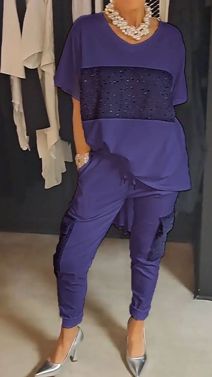 Conjunto de Dos Piezas con Lentejuelas y Cuello Redondo Casual