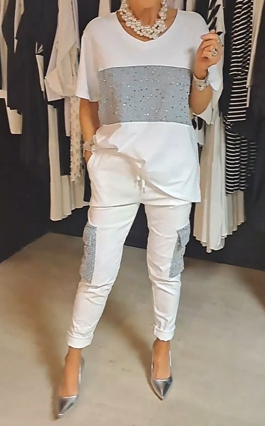 Conjunto de Dos Piezas con Lentejuelas y Cuello Redondo Casual