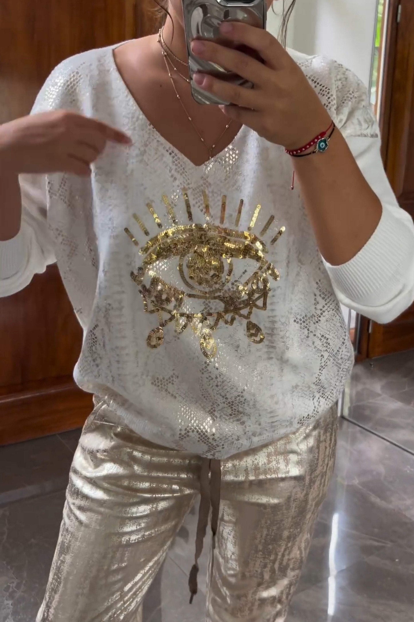 Conjunto de Dos Piezas de Top con Lentejuelas y Pantalones Metalizados