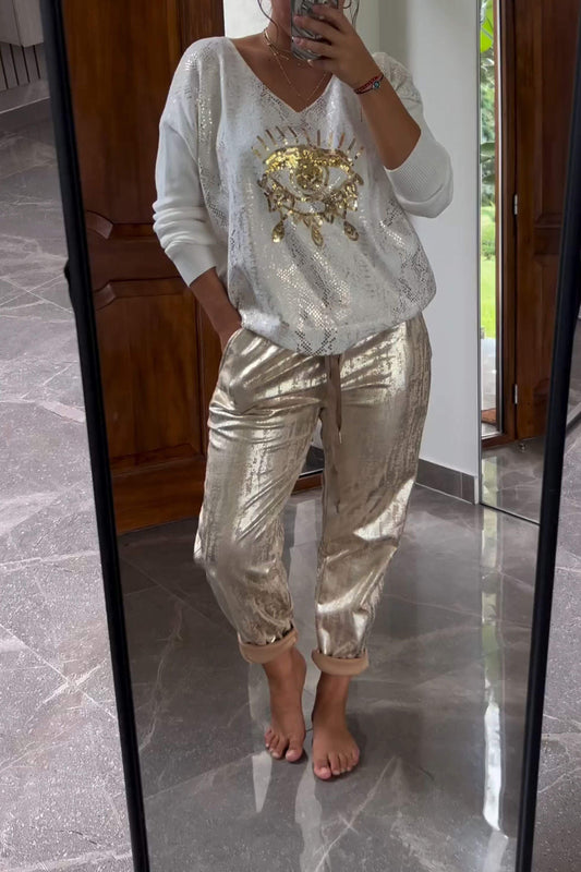 Conjunto de Dos Piezas de Top con Lentejuelas y Pantalones Metalizados