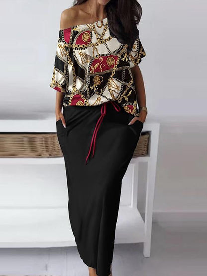 Conjunto de Falda Casual y Estampada con Escote de Hombro a Hombro