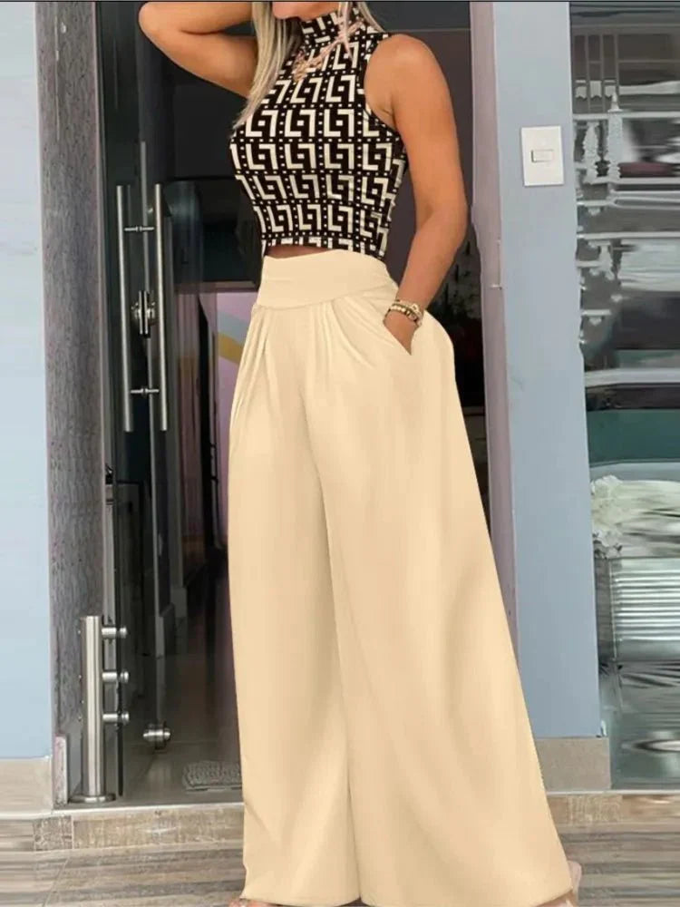 Conjunto Femenino Cropped y Pantalón Pantalona Estampado