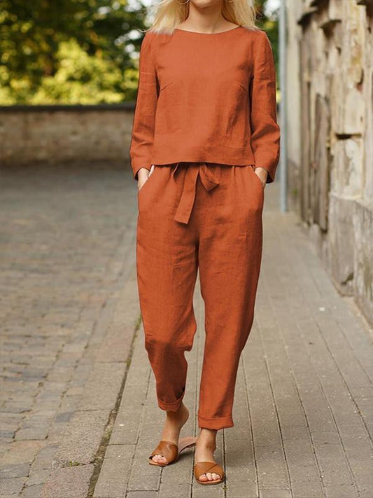 Conjunto Femenino Casual Básico de Pantalones de Manga Larga de Algodón y Lino