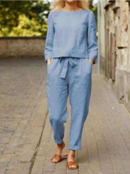 Conjunto Femenino Casual Básico de Pantalones de Manga Larga de Algodón y Lino