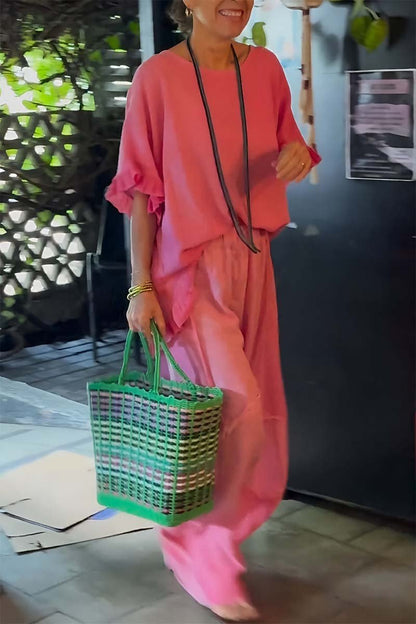 Conjunto Femenino Casual con Pantalones de Algodón y Lino y Mangas Abullonadas