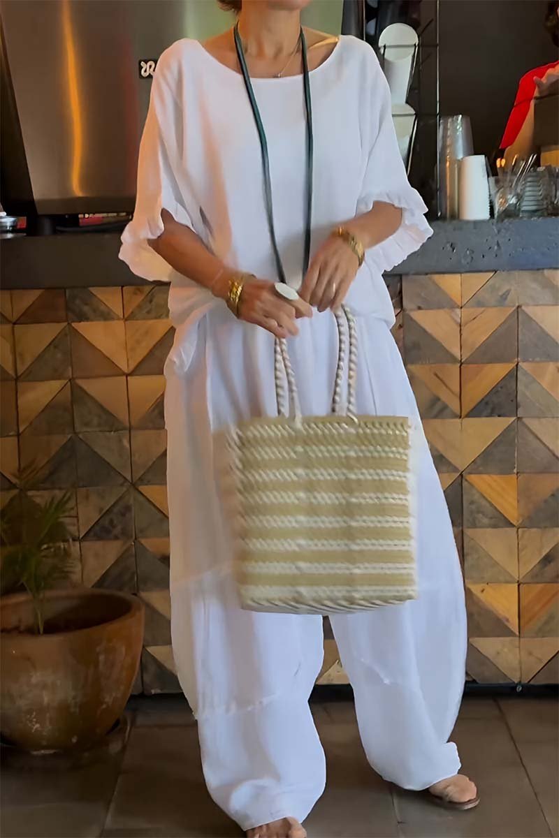 Conjunto Femenino Casual con Pantalones de Algodón y Lino y Mangas Abullonadas