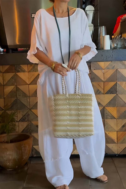 Conjunto Femenino Casual con Pantalones de Algodón y Lino y Mangas Abullonadas