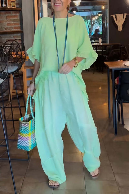 Conjunto Femenino Casual con Pantalones de Algodón y Lino y Mangas Abullonadas