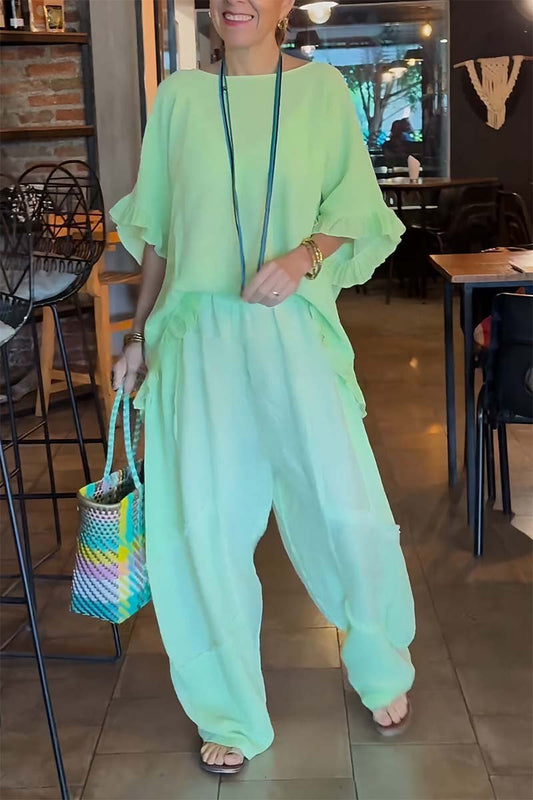Conjunto Femenino Casual con Pantalones de Algodón y Lino y Mangas Abullonadas