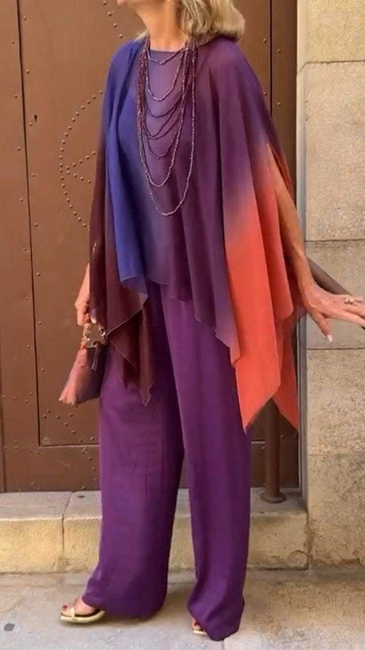 Conjunto Femenino Casual con Cuello Redondo y Mangas de Murciélago en Degradé