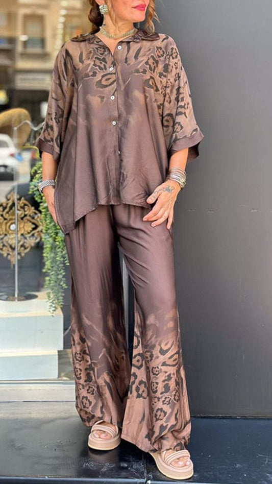 Conjunto Femenino Casual con Solapa y Estampado de Leopardo Gradiente