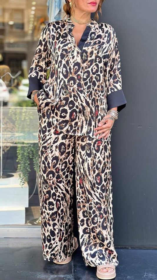 Conjunto Femenino Casual con Solapa y Manga Media con Estampado de Leopardo