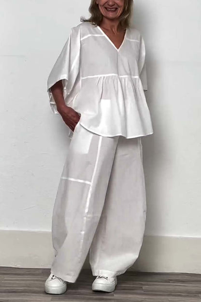 Conjunto Femenino Casual con Top Corto de Escote en V y Pantalones de Color Sólido