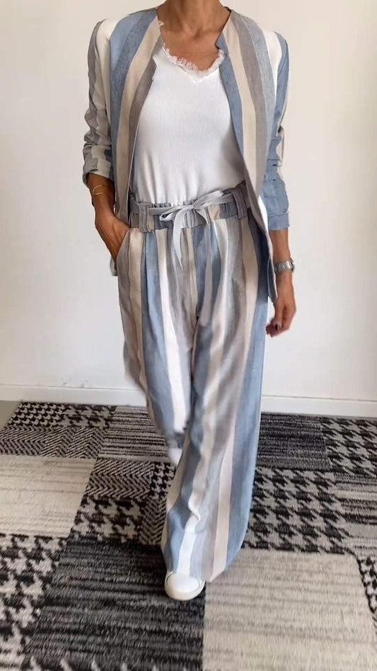 Conjunto Femenino Casual Confortable Rayado con Cuello Redondo