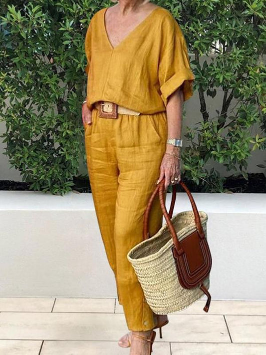 Conjunto Femenino Casual de Algodón y Lino Siena – Blusa Escote en V y Pantalón