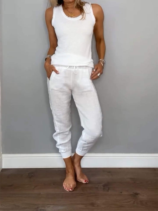 Conjunto Femenino Casual de Algodón y Lino de Dos Piezas