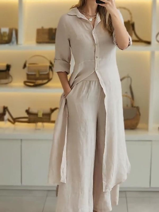 Conjunto Femenino Casual de Algodón y Lino de Dos Piezas