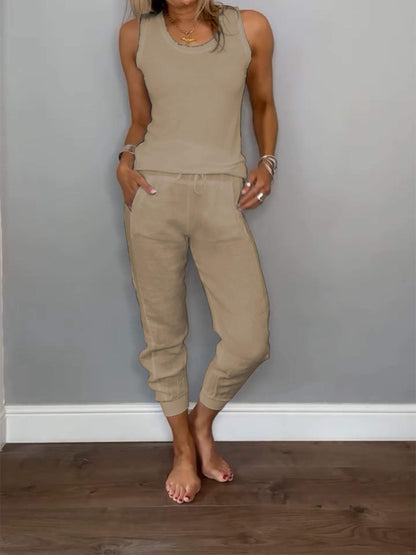 Conjunto Femenino Casual de Algodón y Lino de Dos Piezas