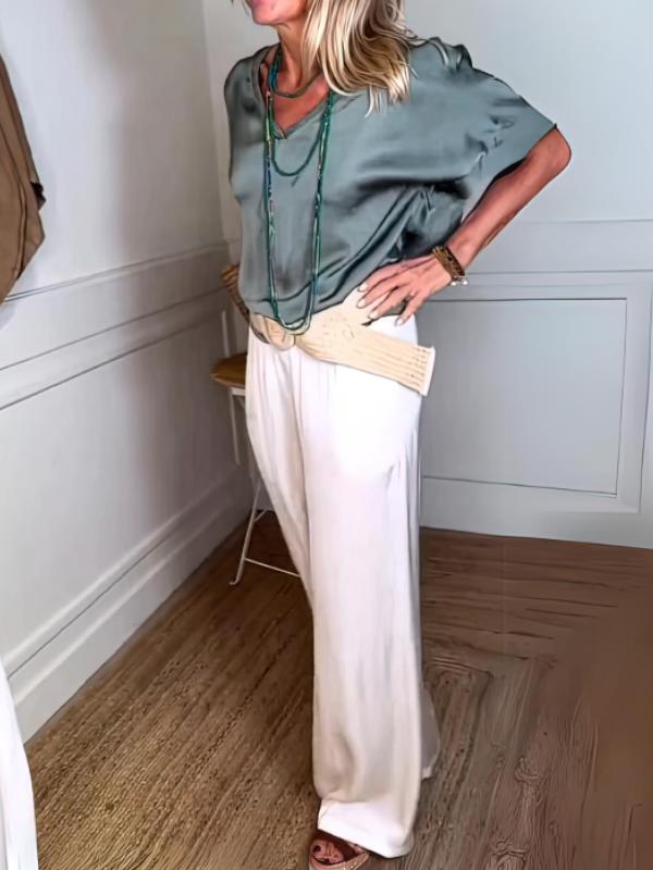 Conjunto Femenino Casual de Blusas de Satén y Pantalones con Cordón de Dos Piezas