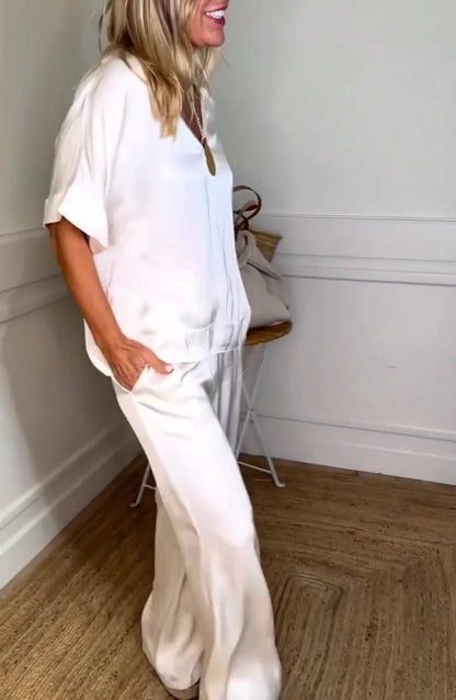 Conjunto Femenino Casual de Blusas de Satén y Pantalones con Cordón de Dos Piezas