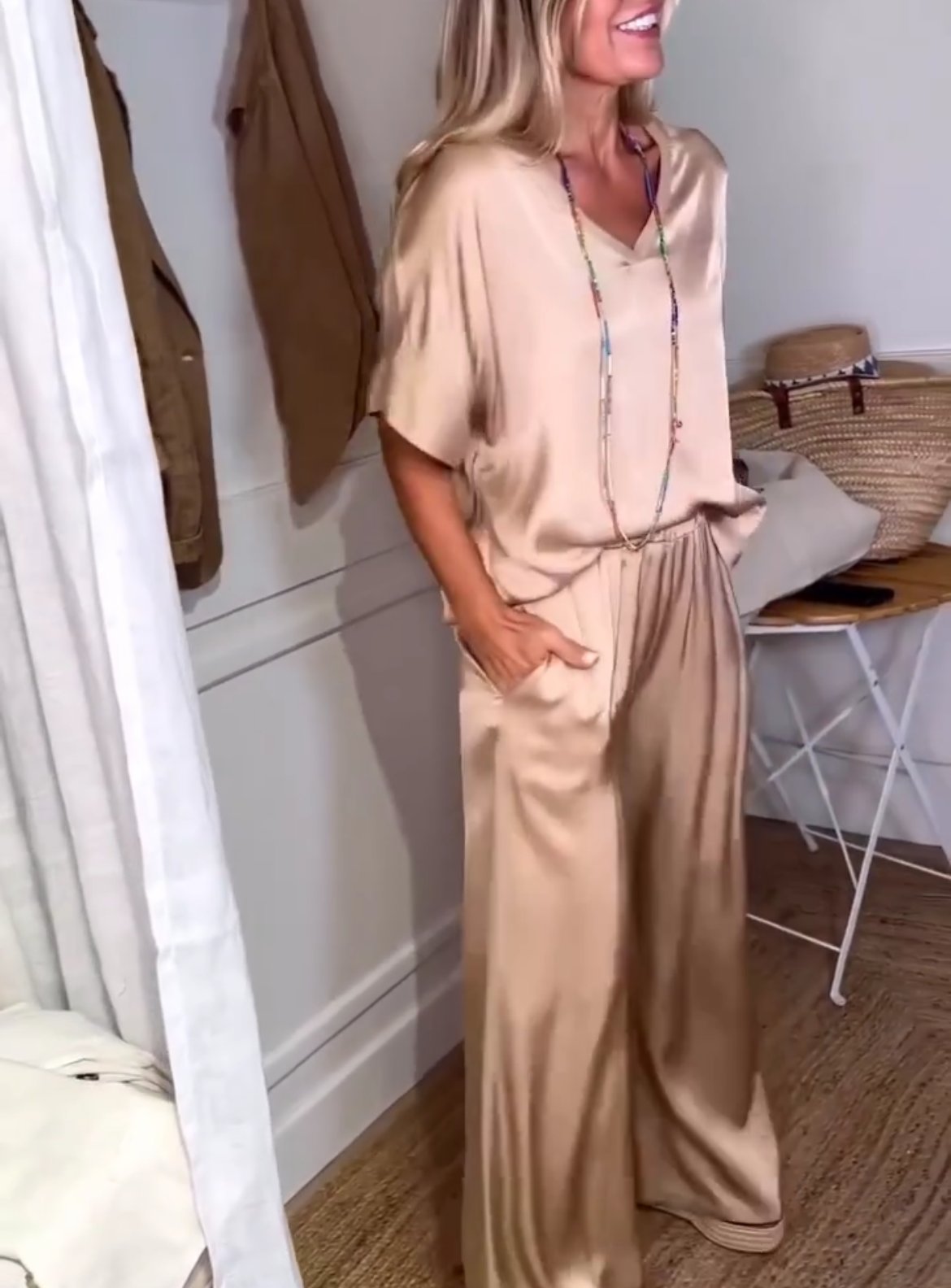 Conjunto Femenino Casual de Blusas de Satén y Pantalones con Cordón de Dos Piezas
