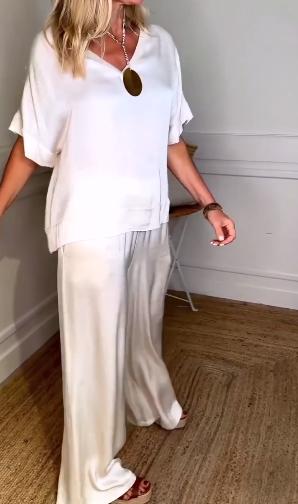 Conjunto Femenino Casual de Blusas de Satén y Pantalones con Cordón de Dos Piezas