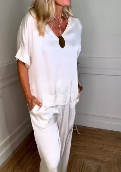 Conjunto Femenino Casual de Blusas de Satén y Pantalones con Cordón de Dos Piezas