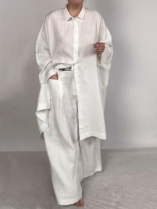 Conjunto Femenino Casual de Camisa Lisa y Pantalones de Dos Piezas