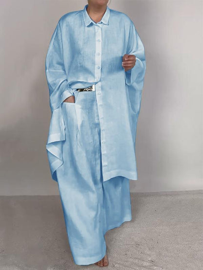 Conjunto Femenino Casual de Camisa Lisa y Pantalones de Dos Piezas