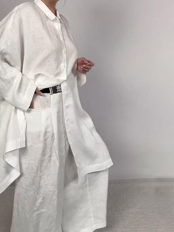 Conjunto Femenino Casual de Camisa Lisa y Pantalones de Dos Piezas